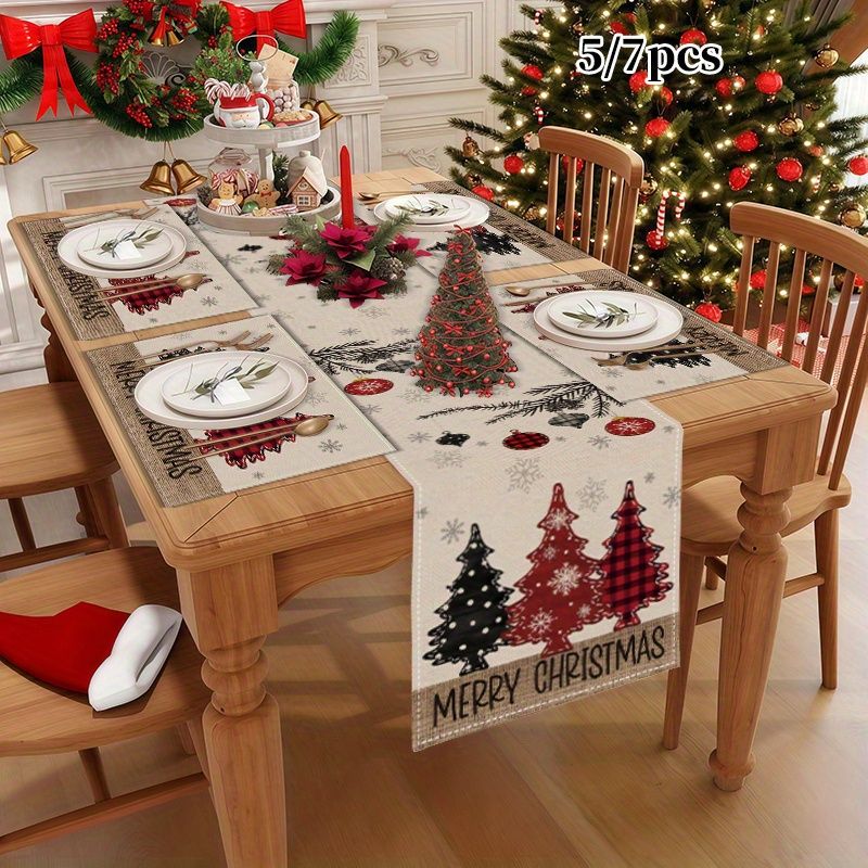 Linen Table Runner - ชุดผ้ารองโต๊ะคริสต์มาสสไตล์อเมริกัน กันน้ำ กันลื่น ซักได้ สำหรับห้องครัว ห้องรับประทานอาหาร