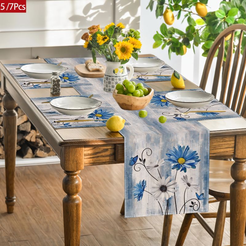 Linen Table Runner - VIKAMA ชุดแผ่นรองโต๊ะลายดอกไม้สไตล์อเมริกัน กันน้ำและกันลื่น แผ่นรองโต๊ะในครัวและโต๊ะรับประทานอาหาร ของตกแต่งบ้าน