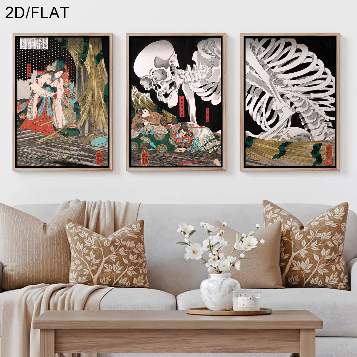 Home Decor Japandi - 3 ชิ้น ภาพพิมพ์บนผ้าใบลาย Takiyasha แม่มดญี่ปุ่นย้อนยุคและโครงกระดูก ภาพศิลปะนามธรรมสำหรับตกแต่งห้องนั่งเล่น