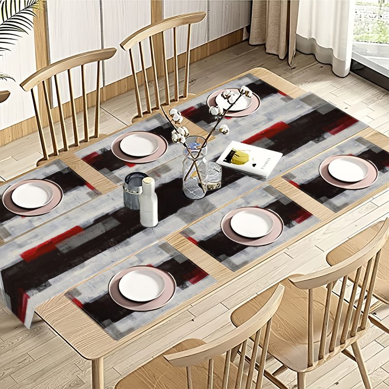 Linen Table Runner - ชุดผ้ารองจานและผ้าปูโต๊ะลายศิลปะสมัยใหม่แบบนามธรรม กันน้ำ กันลื่น ซักได้ สำหรับโต๊ะอาหารในครัว