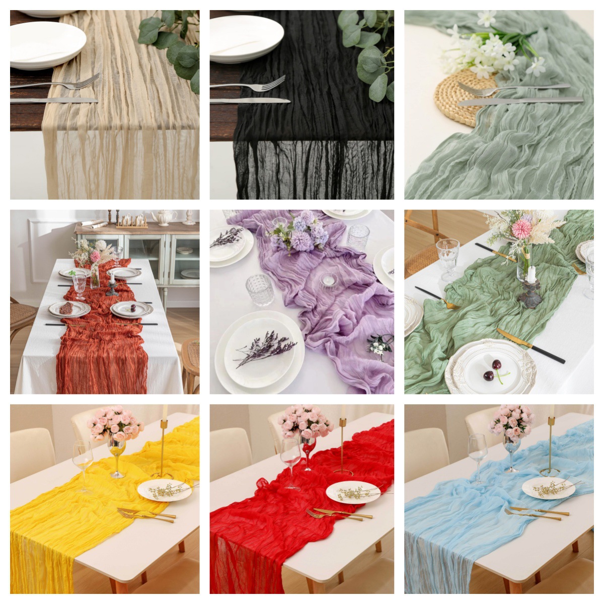 Linen Table Runner - ผ้าปูโต๊ะสไตล์โบโฮ ผ้าก๊อซย่น สำหรับงานแต่งงาน งานเลี้ยงฉลองสมรส และตกแต่งโต๊ะงานปาร์ตี้