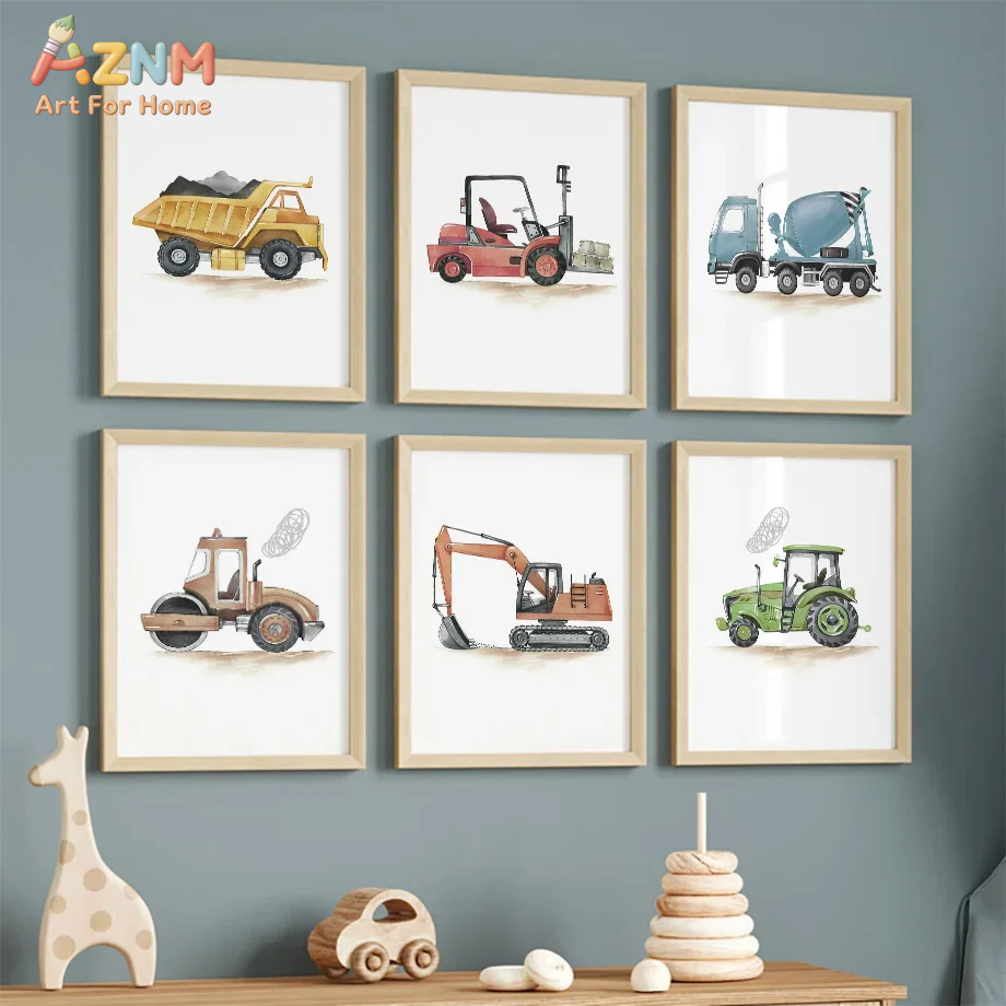 Home Decor Japandi - โปสเตอร์ตกแต่งบ้านลายการ์ตูนรถวิศวกรรม รถขุด สไตล์นอร์ดิกโมเดิร์น 6 ชิ้น สำหรับห้องนอน