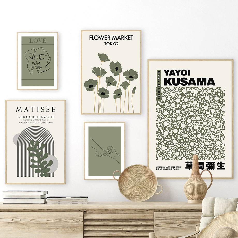 Home Decor Japandi - สีเขียวเซจ ยาโยอิ คุซามะ มาติส ภาพวาดดอกไม้บนผืนผ้าใบ ศิลปะติดผนัง