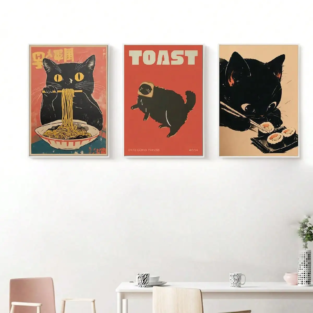 Home Decor Vietnam - แมวกินราเมนญี่ปุ่นซูชิโปสเตอร์ตลกน่ารักลูกแมวกิน Toast ภาพประกอบ Vintage ญี่ปุ่นตกแต่งบ้าน Wall