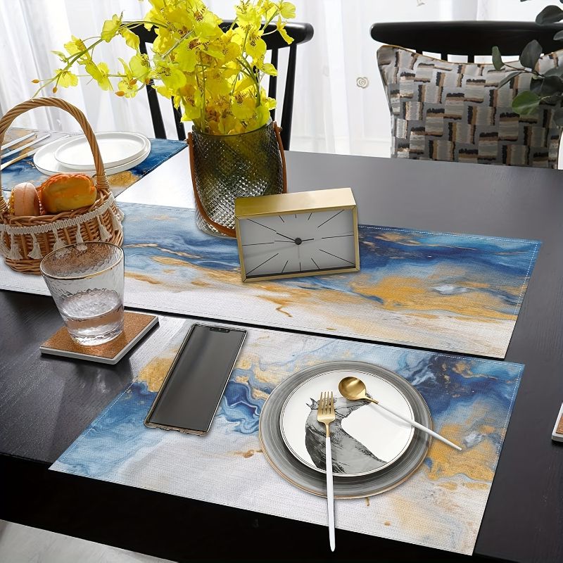Linen Table Runner - ชุดแผ่นรองจานและผ้าปูโต๊ะสไตล์หรูหรา VIKAMA ลายหินอ่อน กันน้ำ กันลื่น สำหรับโต๊ะอาหารในครัว