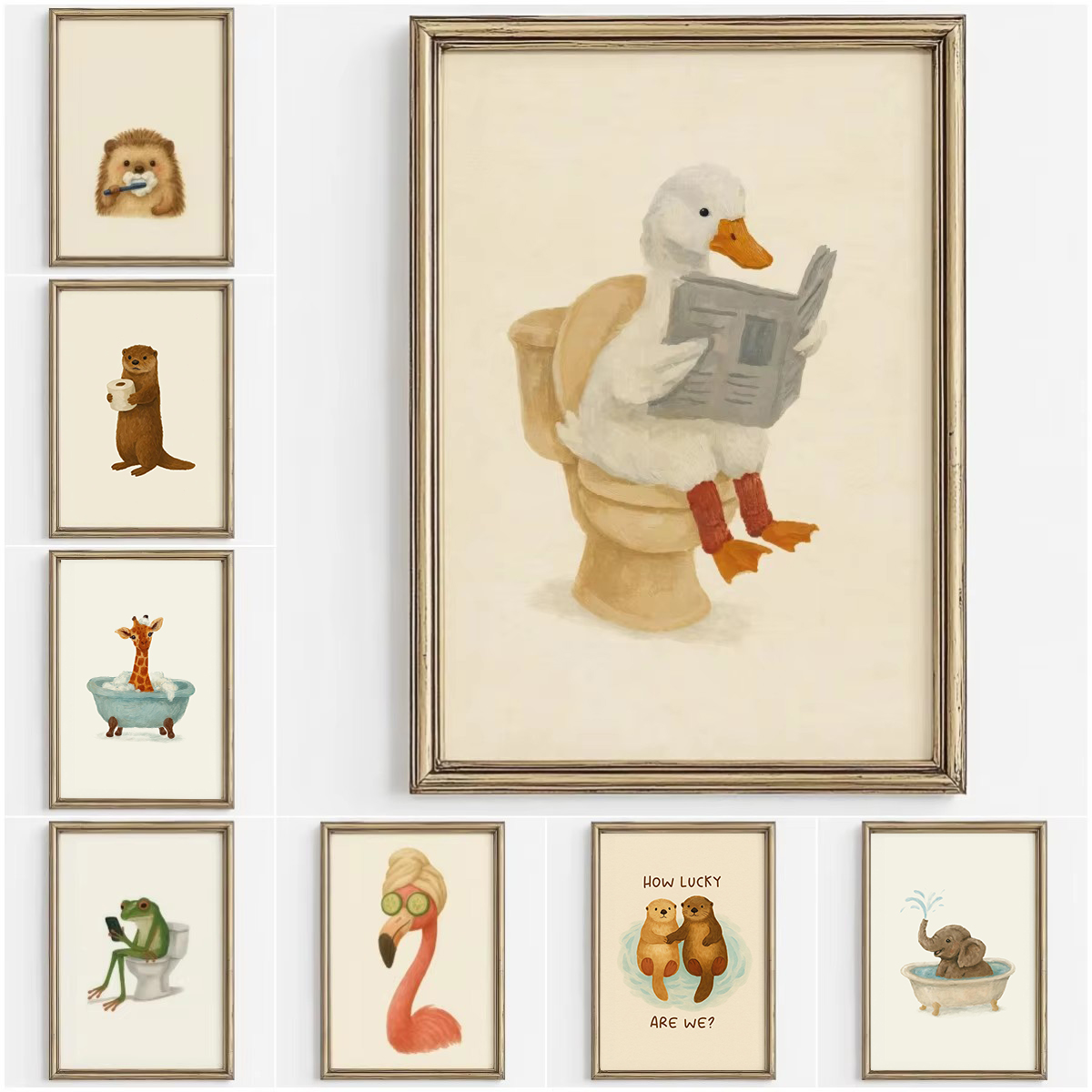 Home Decor Vietnam - ภาพติดผนังลายสัตว์น่ารักสำหรับอาบน้ำ โปสเตอร์สัตว์น่ารักสำหรับห้องน้ำ ภาพพิมพ์บนผ้าใบลายกระดาษชำระตลกๆ สำหรับเด็ก ตกแต่งบ้าน ห้องเด็ก