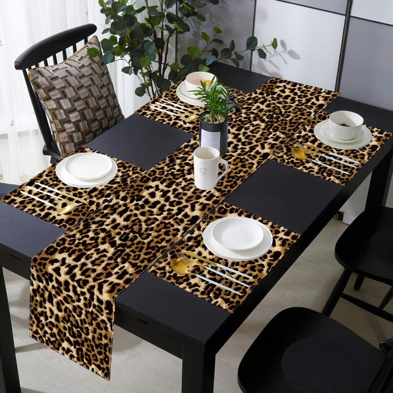 Linen Table Runner - VIKAMA ชุดแผ่นรองจานลายเสือดาวสุดหรู แผ่นรองโต๊ะกันน้ำ กันลื่น สำหรับห้องครัวและโต๊ะอาหาร