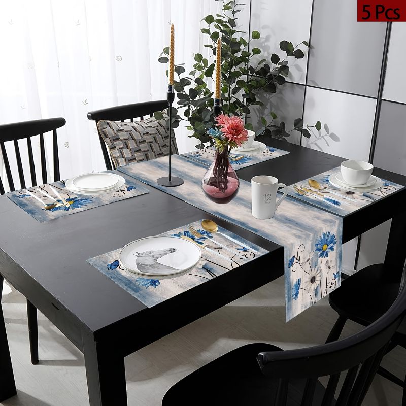 Linen Table Runner - VIKAMA ชุดแผ่นรองจานลายดอกไม้สไตล์อเมริกัน กันน้ำ กันลื่น สำหรับโต๊ะอาหารในครัว