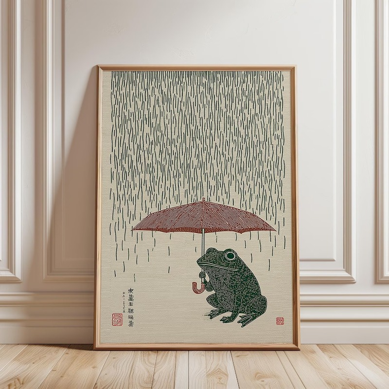 Home Decor Japandi - โปสเตอร์กบญี่ปุ่นพร้อมร่ม, ภาพพิมพ์ศิลปะตกแต่งบ้าน, โปสเตอร์ตกแต่งผนังศิลปะบนผ้าใบไร้กรอบ