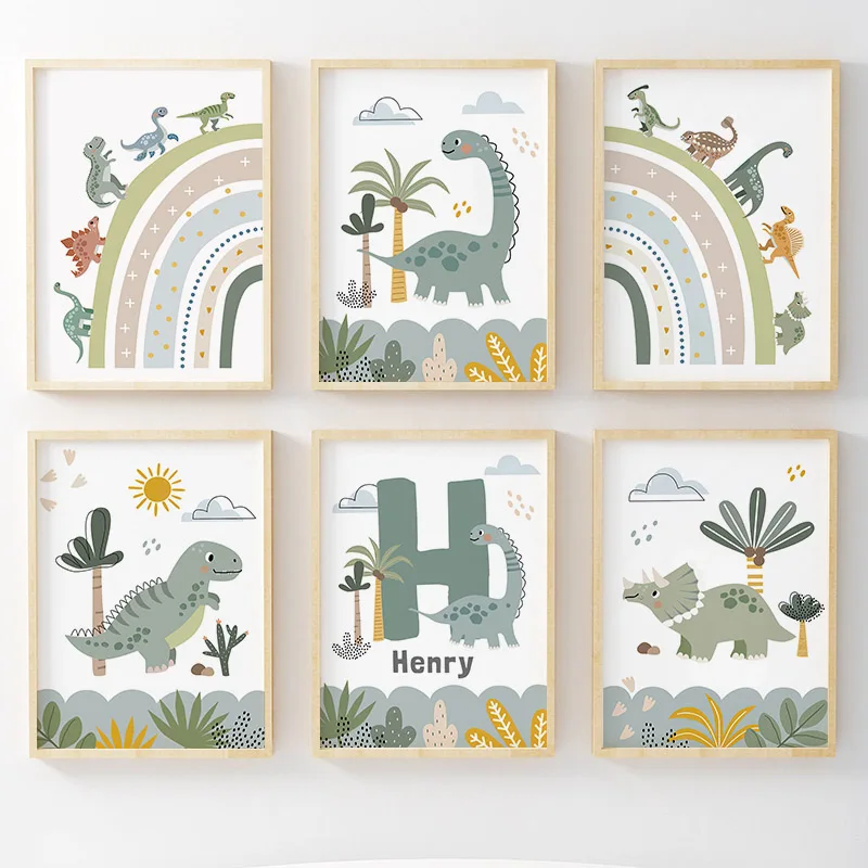 Home Decor Japandi - ศิลปะบนผนังไดโนเสาร์ยุคจูราสสิค ภาพวาดบนผ้าใบ โปสเตอร์และภาพพิมพ์ไดโนเสาร์สไตล์นอร์ดิก ภาพติดผนัง ตกแต่งห้องเด็ก