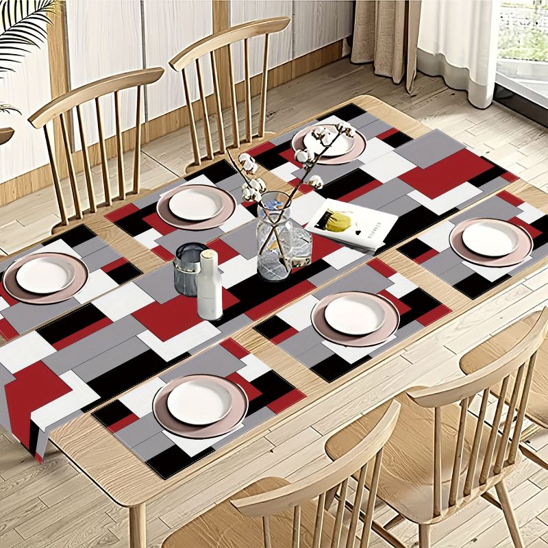 Linen Table Runner - ชุดแผ่นรองจานและผ้าปูโต๊ะลายเรขาคณิตสไตล์มินิมอลทันสมัย กันน้ำ กันลื่น ซักล้างได้ เหมาะสำหรับห้องครัวและห้องรับประทานอาหาร