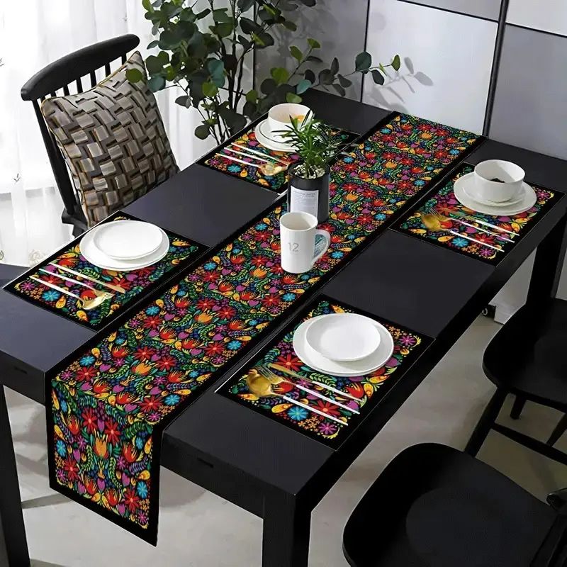 Linen Table Runner - VIKAMA ชุดแผ่นรองจานลายดอกไม้สไตล์โบฮีเมียนกันน้ำกันน้ำมันแผ่นรองโต๊ะรับประทานอาหารในครัว