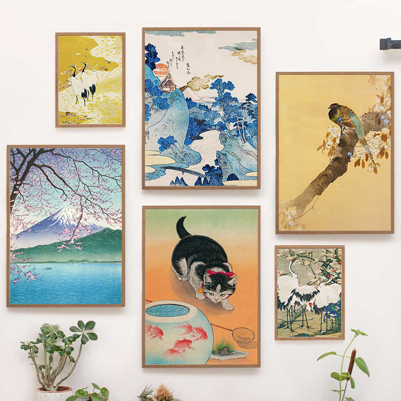Home Decor Japandi - ภาพพิมพ์บนผ้าใบของคาตสึชิกะ โฮคุไซ ศิลปะญี่ปุ่น ภาพภูเขาไฟฟูจิและนก สำหรับตกแต่งภายในห้องและบ้าน