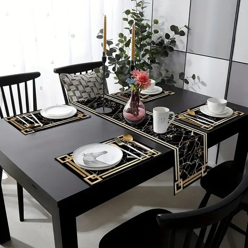 Linen Table Runner - VIKAMA ชุดแผ่นรองจานลายหินอ่อนสีดำทองกันน้ำกันลื่นสำหรับห้องครัวห้องรับประทานอาหารตกแต่งบ้าน