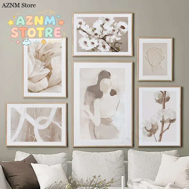 Home Decor Japandi - ภาพวาดบนผืนผ้าใบลายดอกพีชสีเบจ หงส์น้อย คู่รัก ฤดูใบไม้ผลิ ศิลปะตกแต่งผนัง สไตล์นอร์ดิก