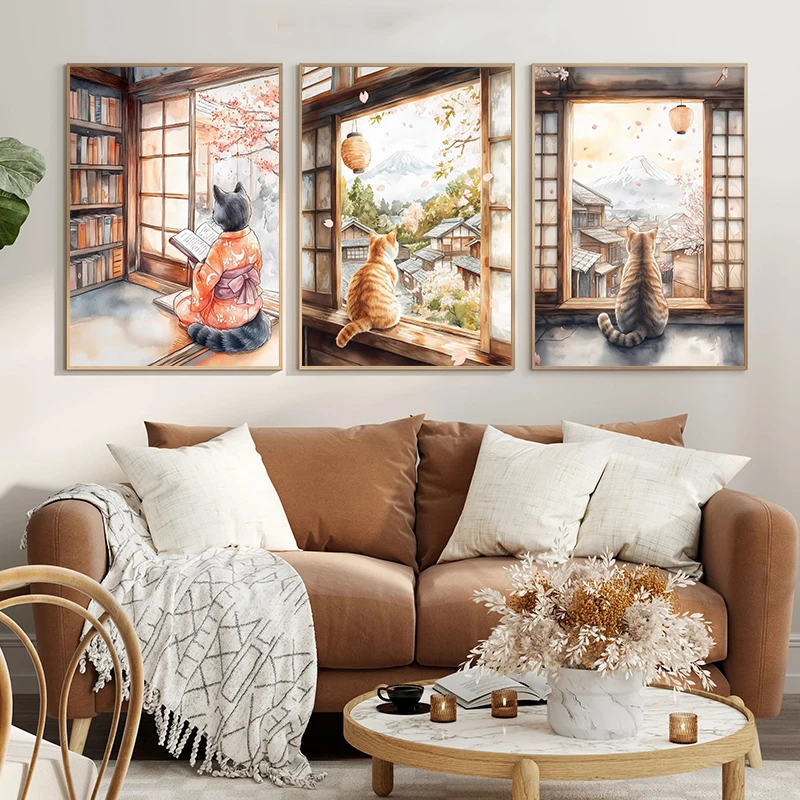 ภาพวาดแมวญี่ปุ่นสีดำอาบน้ำ พระ - Home Decor Japandi บทวิจารณ์และราคา